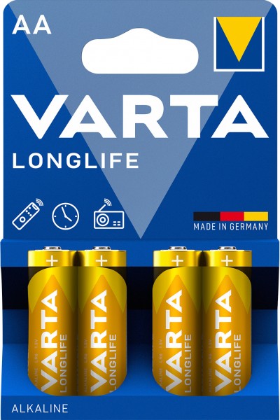 Varta Batterie Alkaline, Mignon, AA, LR06, 1.5V Longlife, Retail Blister (4-Pack)