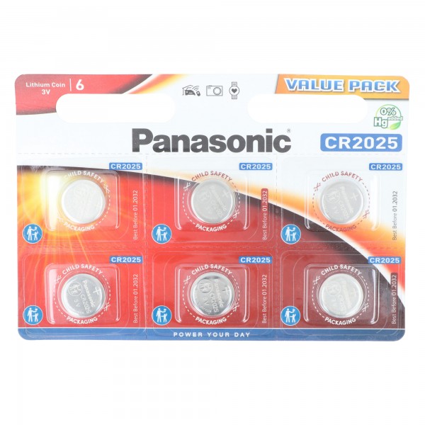 Panasonic Batterie Lithium, Knopfzelle, CR2025, 3V Electronics, Lithium Power, Retail Blister (6-Pack)