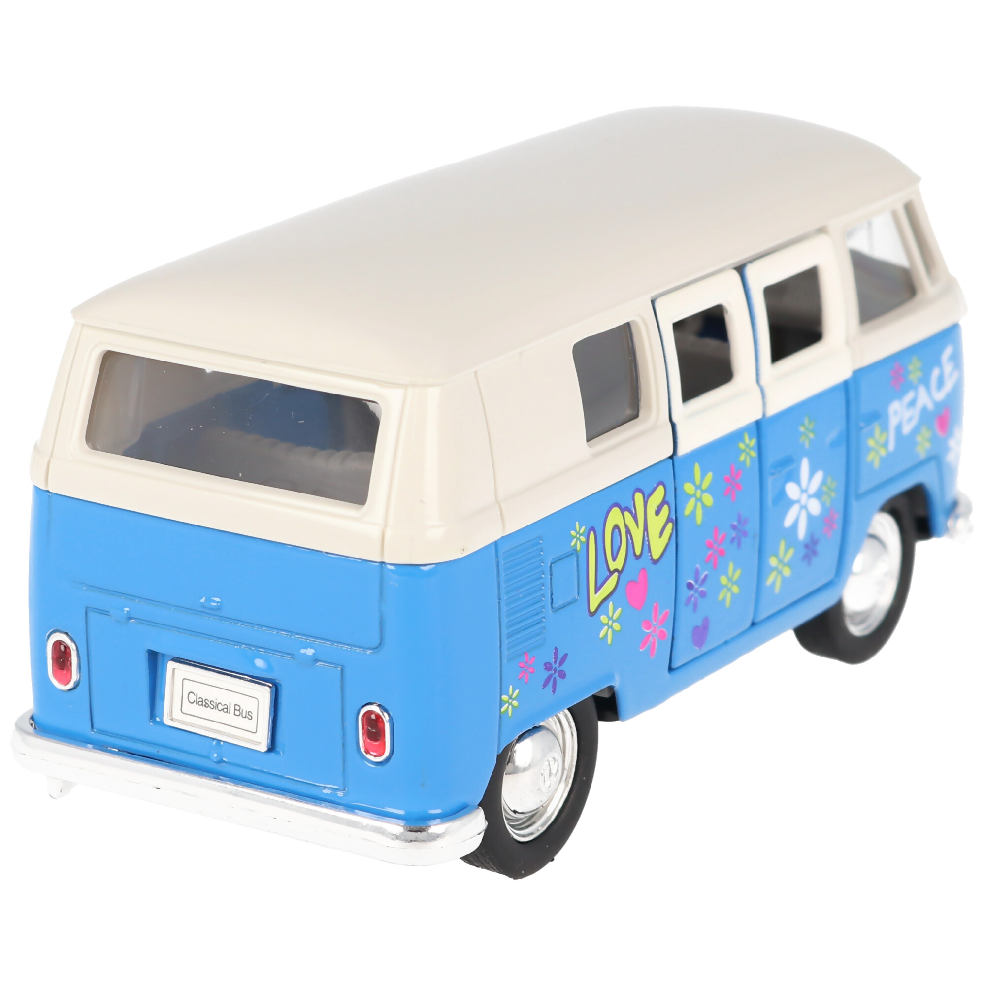 Modellauto Volkswagen VW T1 Bus Comic Style in blau mit Rückziehmotor 1960 