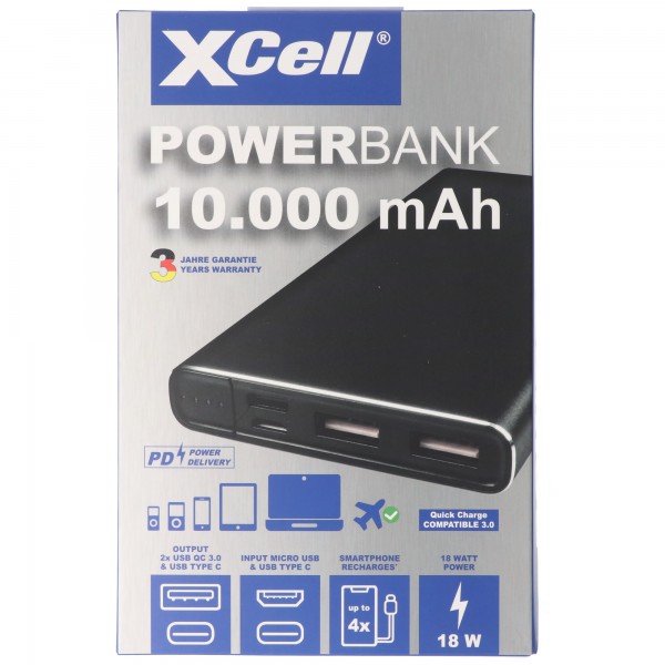 Li-Polymer Powerbank 10000mAh USB Type C und 2x QC3.0 18 Watt, max. 3A 137x67x14mm