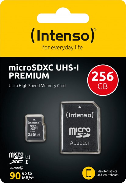 Intenso microSDXC Card 256GB, Premium, Class 10, U1 (R) 90MB/s, (W) 10MB/s, SD-Adapter, Retail-Blister