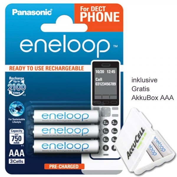 3er Panasonic eneloop Phone Standard Akku Micro DECT BK4MCCE/3DE NiMH 1,2V / 800 mAh inkl. AccuBox AAA
