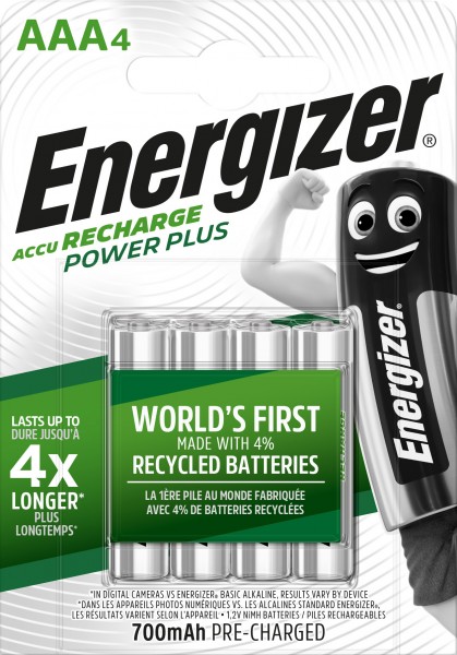 Energizer Akku NiMH, Micro, AAA, HR03, 1.2V/700mAh Power Plus, Pre-charged, Retail Blister (4-Pack)