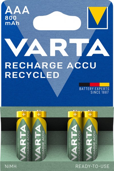 Varta Akku NiMH, Micro, AAA, HR03, 1.2V/800mAh Accu Recycled, Pre-charged, Retail Blister (4-Pack)
