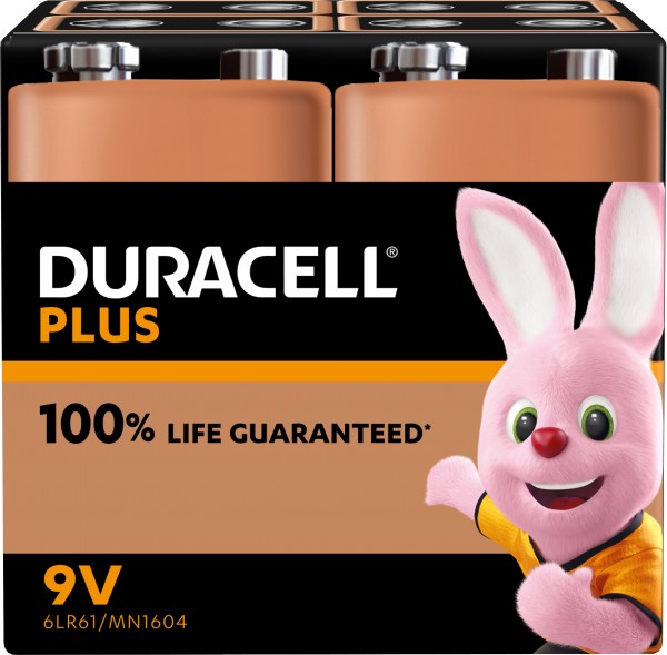 Duracell Batterie Alkaline, E-Block, 6LR61, 9V Plus, Extra Life, Retail Blister (4-Pack)