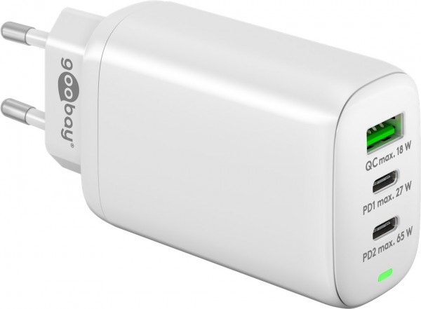 Goobay USB-C™ PD 3-fach Multiport-Schnellladegerät (65 W) weiß - Ladeadapter mit 2x USB-C™-Anschlüssen (Power Delivery) und 1x USB-A-Anschluss (Quick Charge 3.0)