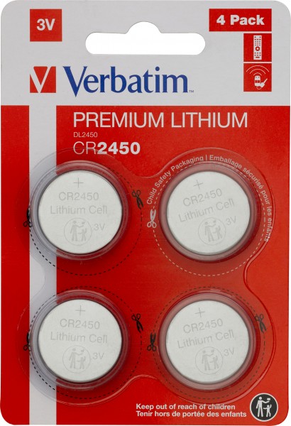 Verbatim Batterie Lithium, Knopfzelle, CR2450, 3V Retail Blister (4-Pack)