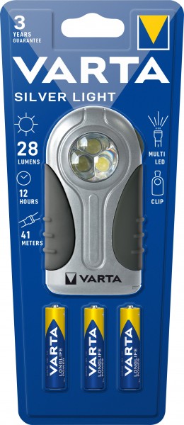 Varta LED Taschenlampe Silver Light, 28lm, inkl. 3x Batterie Alkaline AAA, Retail Blister