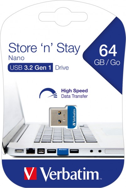 Verbatim USB 3.2 Stick 64GB, Nano Store'n'Stay Typ-A, (R) 80MB/s, (W) 25MB/s, Retail-Blister