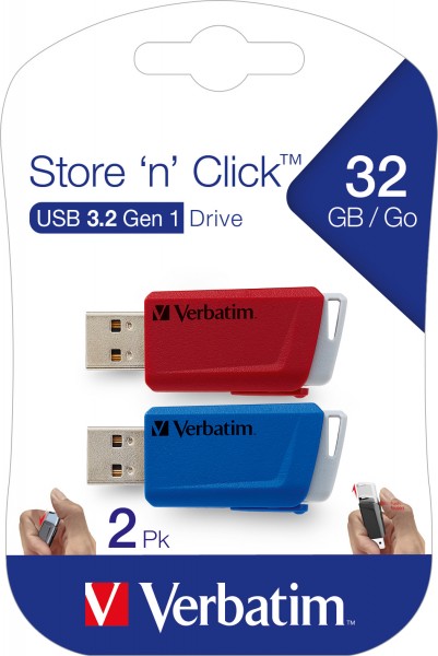 Verbatim USB 3.2 Stick 32GB, Store'n'Click, rot-blau Typ-A, (R) 80MB/s, (W) 25MB/s, Retail-Blister (3-Pack)