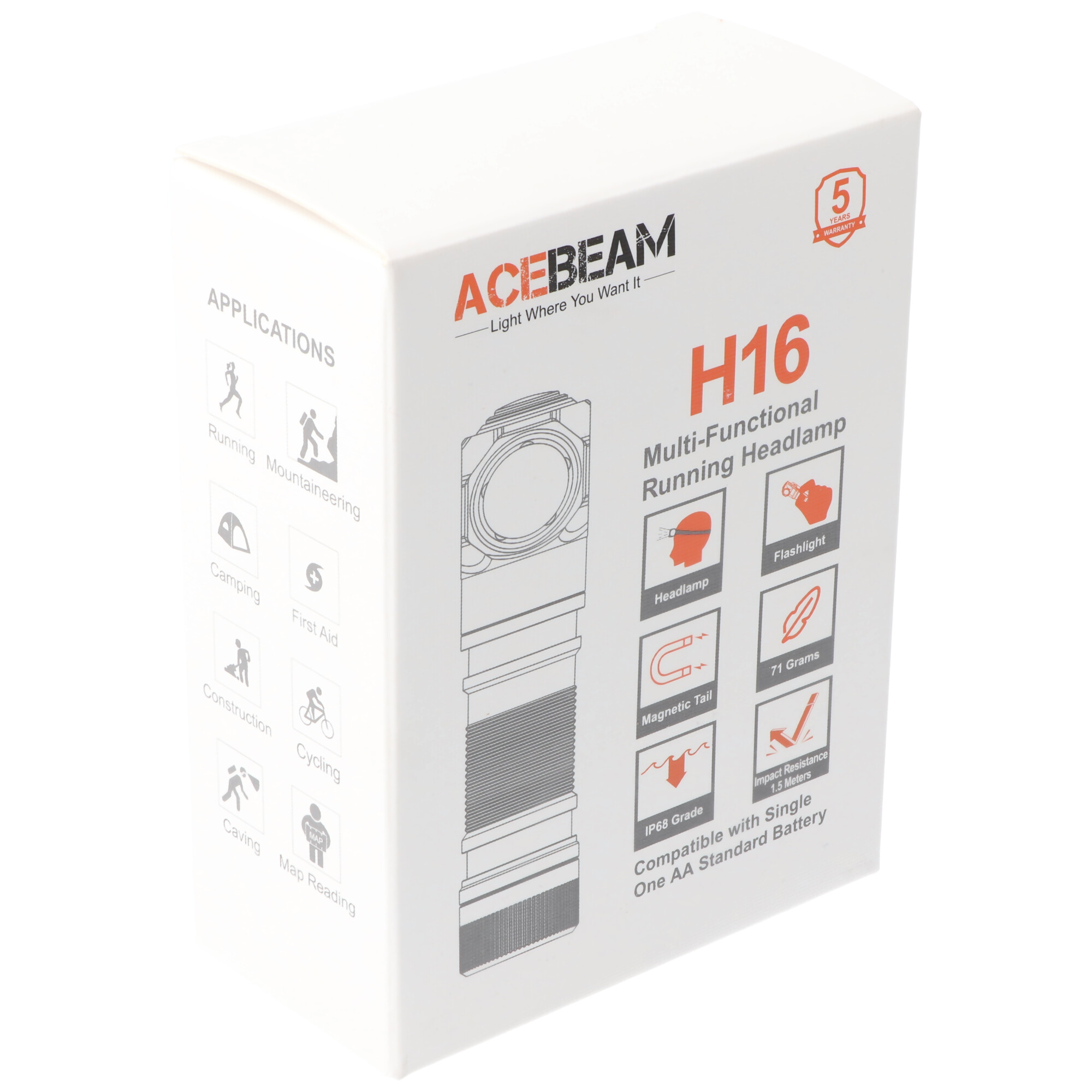 AceBeam H16 LED Stirnlampe mit max. 650 Lumen, 5.000K neutralweiß mit  orangenem Gehäuse, inklusive 14500 Li-Ion Akku, Stirnlampen, LEDs, Taschenlampen, Lichttechnik