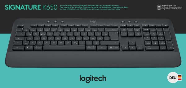 Logitech Tastatur K650, Wireless, Bolt, Bluetooth, grafit Signature, DE, Retail
