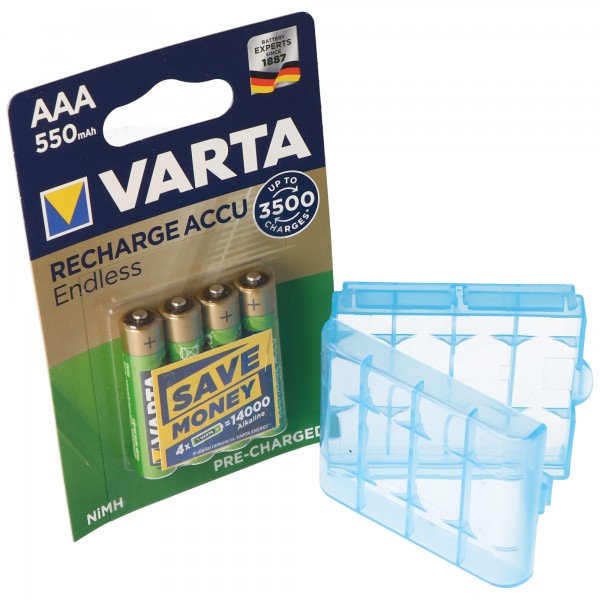 Varta Recharge Accu Endless 56663101404 AAA LR03 Akku 4er Blister 1,2 Volt 550mAh bis zu 3500x aufladbar, inklusive kostenloser AccuCell Akkubox