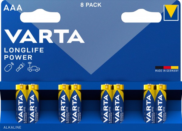 Varta Batterie Alkaline, Micro, AAA, LR03, 1.5V Longlife Power, Retail Blister (8-Pack)