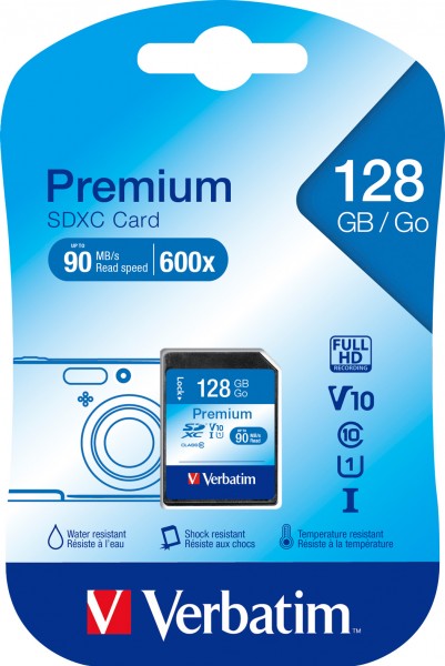 Verbatim SDXC-Card 128GB, Premium, Class 10, U1, UHS-I (R) 90MB/s, (W) 10MB/s, Retail-Blister
