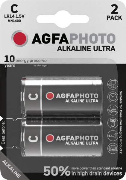 Agfaphoto Batterie Alkaline, Baby, C, LR14, 1.5V Ultra, Retail Blister (2-Pack)