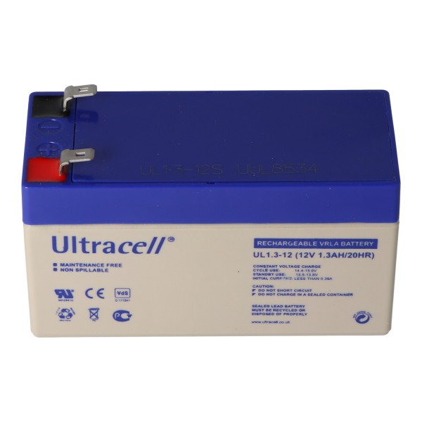 UL1.3-12 Ultracell Blei Akku 12 Volt, 1,3Ah mit 2 Faston 4,8mm Kontakten