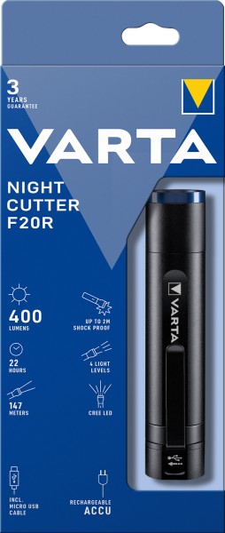 Varta LED Taschenlampe Night Cutter F20R 400lm, inkl. 1x Micro USB Kabel, Retail Blister
