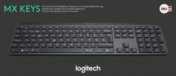 Logitech Tastatur MX Keys, Wireless, Unifying, Bluetooth, schwarz Advanced, Illuminated, DE, Retail