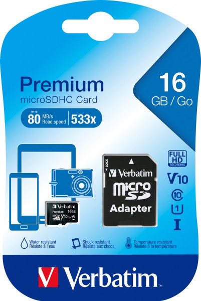 Verbatim microSDHC Card 16GB, Premium, Class 10, U1 (R) 80MB/s, (W) 10MB/s, SD Adapter, Retail-Blister