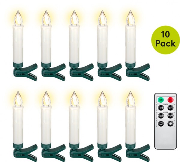 Goobay 10 kabellose LED-Weihnachtsbaumkerzen - mit Klemmen und IR-Fernbedienung zur Steuerung von Timer, Leuchtmodi & Dimmer