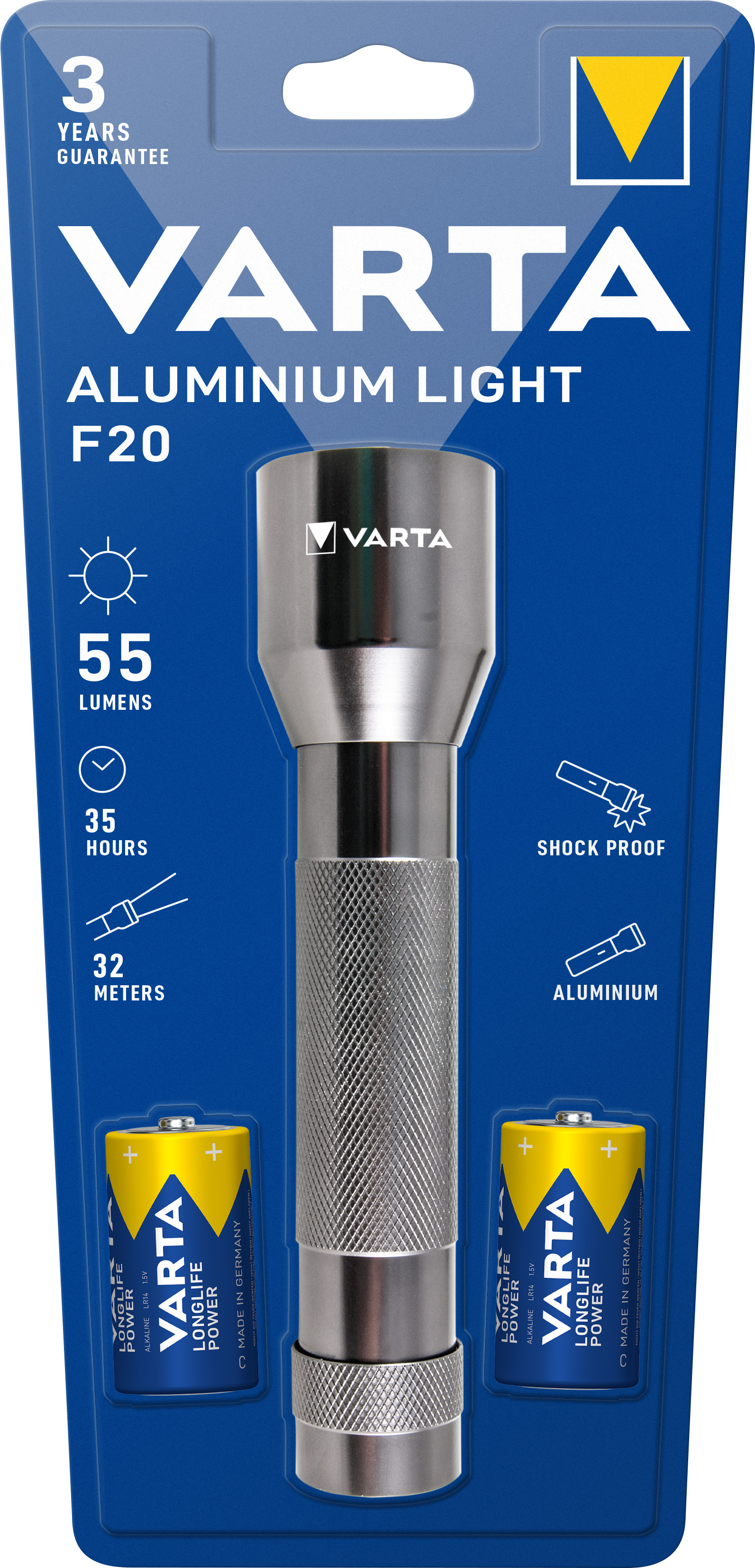 Varta LED Taschenlampe Aluminium Light 55lm, inkl. 2x Batterie Baby C,  Retail Blister | LED-Taschenlampen | LEDs,Taschenlampen, Lichttechnik |  Akkushop