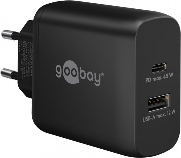 Goobay USB-C™ PD Dual-Schnellladegerät (45 W) schwarz - 1x USB-C™-Anschluss (Power Delivery) und 1x USB-A-Anschluss - schwarz