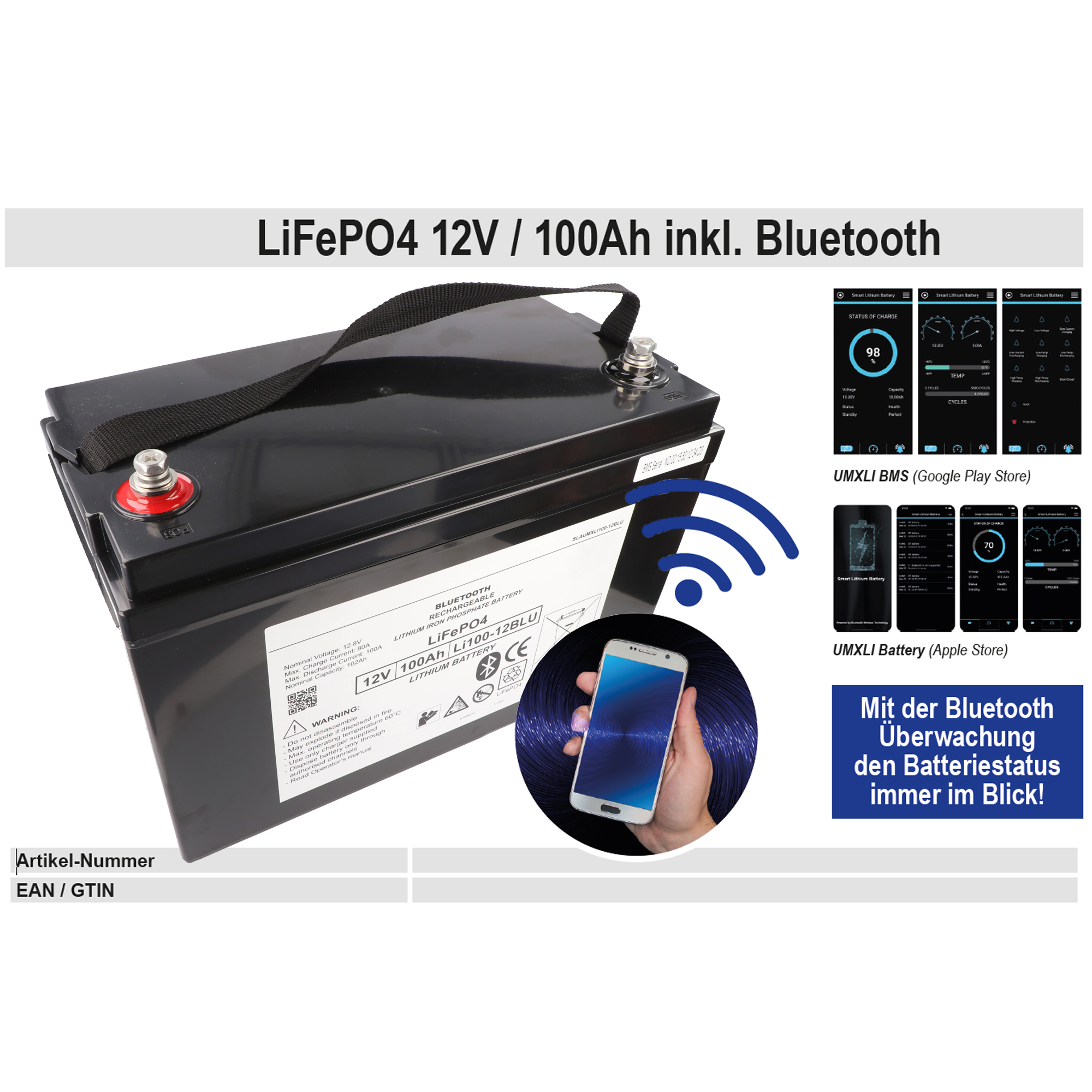 Display 12V 100Ah LiFePO4 Lithium Akku mit Integriertem LCD-Kapazitäts 