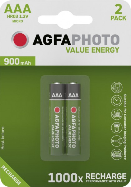Agfaphoto Akku NiMH, Micro, AAA, HR03, 1.2V/900mAh Value Energy, Retail Blister (2-Pack)