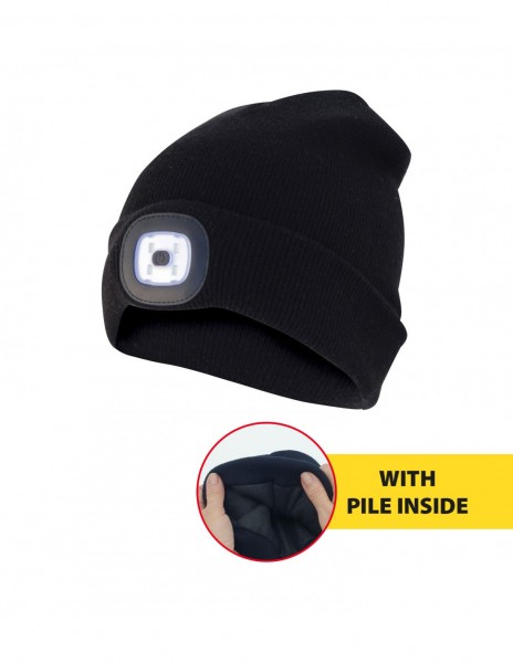 Mütze mit LED-Frontleuchte und Fleece gefüttert, Strickmütze mit LED-Licht ideal zum Joggen, Campen, Arbeiten, wiederaufladbar per USB und waschbar, schwarz