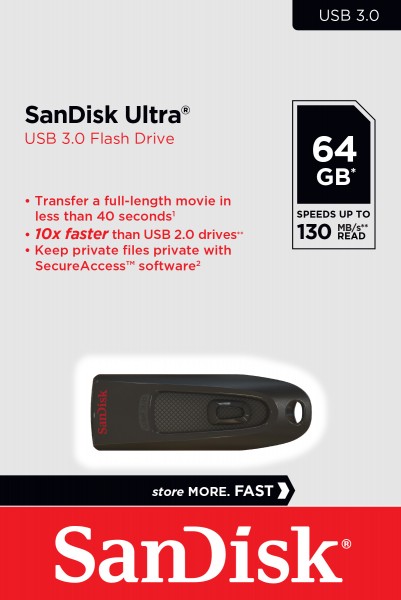 Sandisk USB 3.0 Stick 64GB, Ultra Typ-A, (R) 130MB/s, SecureAccess, Retail-Blister
