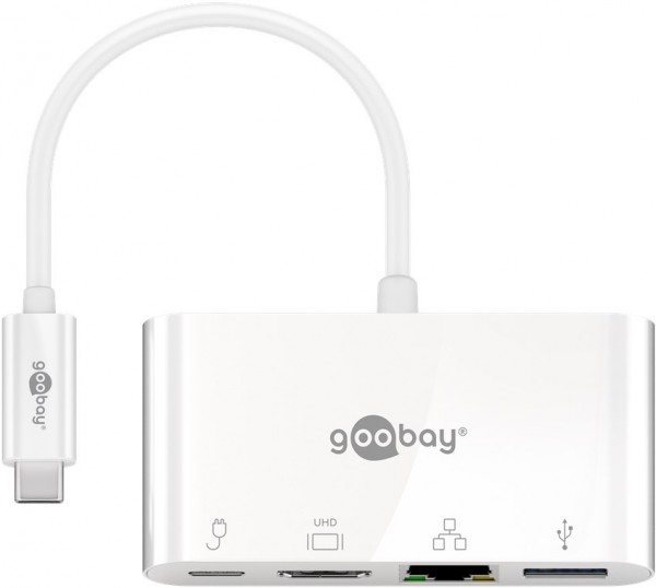 Goobay USB-C™ Multiport-Adapter HDMI+Ethernet, PD, weiß - erweitert ein USB-C™ Gerät um einen Ethernet-, einen HDMI™- und einen USB 3.0-Anschluss