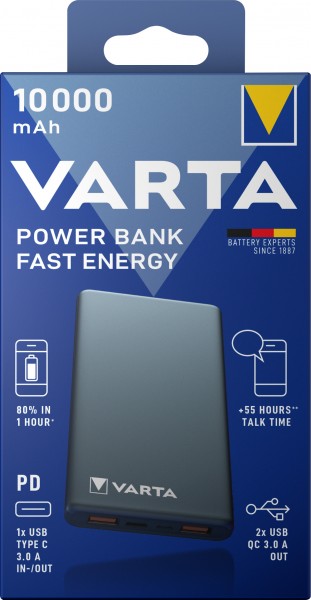 Varta Akku Powerbank, 5V/10.000mAh, Fast Energy, grau 2xUSB-A/Micro-B/-C, Quick Charge 3.0
