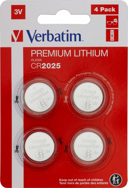 Verbatim Batterie Lithium, Knopfzelle, CR2025, 3V Retail Blister (4-Pack)