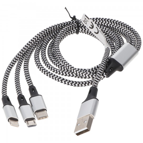 Universal Ladekabel 3in1 für Apple, USB-C, Micro-USB robust mit  TPE-Ummantelung, Aluminium-Steckern, Sicherheitstechnik