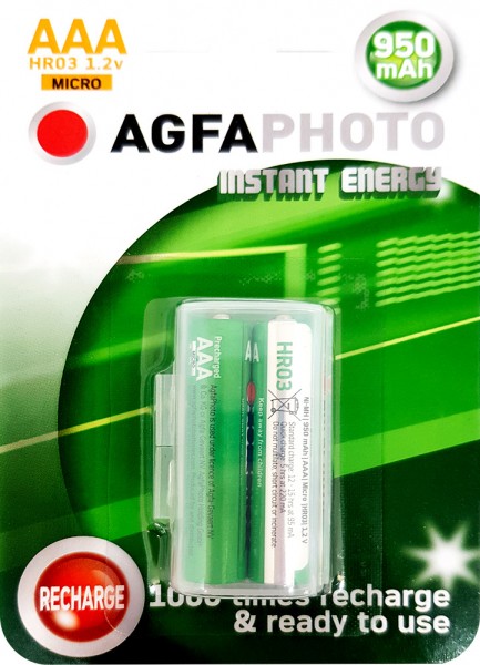 Agfaphoto Akku NiMH, Micro, AAA, HR03, 1.2V/950mAh Instant Energy, Pre-charged, Retail Blister (2-Pack)