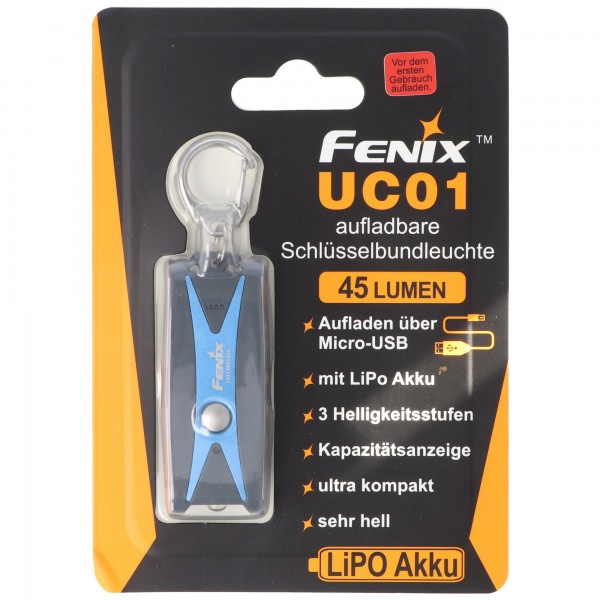 Fenix UC01 LED-Taschenlampe im blauen Gehäuse, schlüsselbundleuchte mit Akku und USB Ladefunktion