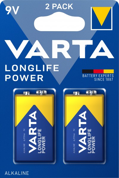 Varta Batterie Alkaline, E-Block, 6LR61, 9V Longlife Power, Retail Blister (2-Pack)