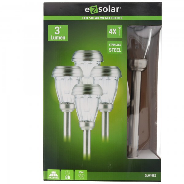 4er Set LED Solar-Wegeleuchte mit bis zu 3 Lumen, rostfreier Edelstahl, mit Standard NiMH Akku, GL049EZ