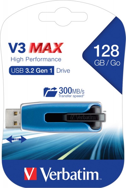 Verbatim USB 3.2 Stick 128GB, V3 MAX, blau-schwarz Typ-A, (R) 300MB/s, (W) 70MB/s, Retail-Blister