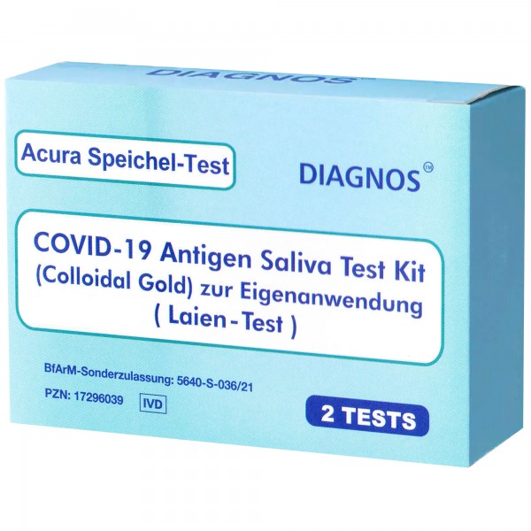 2 Acura Speichel-Test DIAGNOS COVID-19 Laientest (Spucktest) mit BfArM-Sonderzulassung, Coronavirus (SARS-Cov-2) Antigen Schnelltest, kein PCR