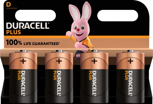 Duracell Batterie Alkaline, Mono, D, LR20, 1.5V Plus, Extra Life, Retail Blister (4-Pack)