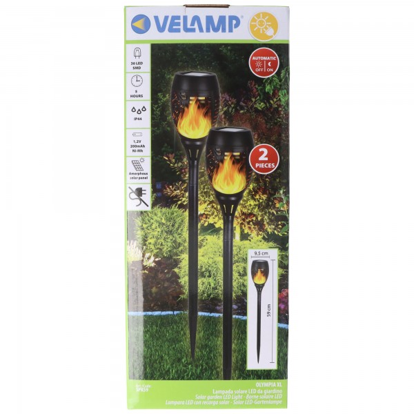 Velamp OLYMPIA XL, 2er-Set Solar-Gartenpfähle 59cm mit Flammen-Effekt, solarbetriebene LED-Leuchte