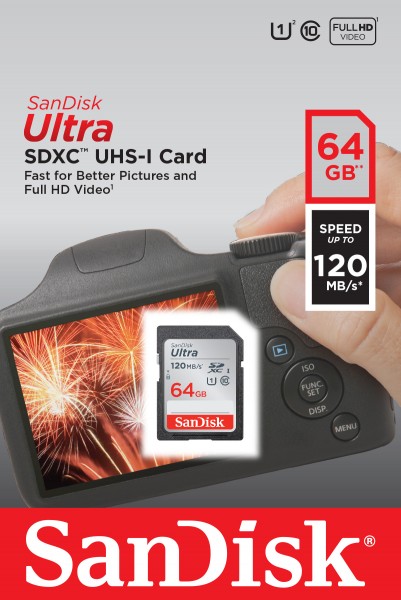 Sandisk SDXC-Card 64GB, Ultra, Class 10, UHS-I (R) 120MB/s, Retail-Blister