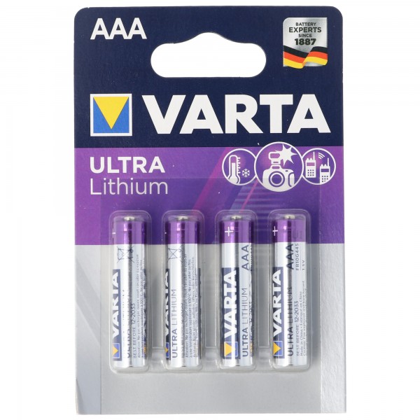 Varta Lithium Batterie AAA, Micro, FR03, 6103, Varta Ultra Lithium, 1,5V, 4er-Blister