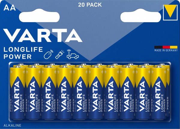 Varta Batterie Alkaline, Mignon, AA, LR06, 1.5V Longlife Power, Retail Blister (20-Pack)