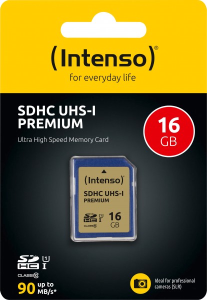 Intenso SDHC-Card 16GB, Premium, Class 10, U1, UHS-I (R) 90MB/s, (W) 10MB/s, Retail-Blister