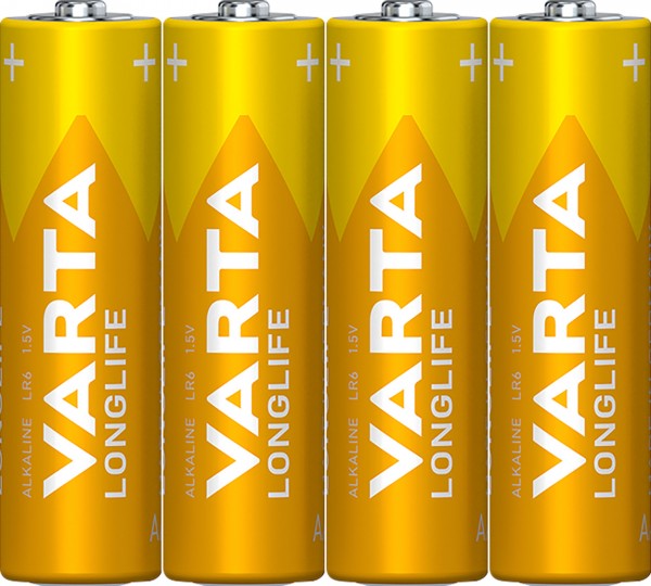 Varta Batterie Alkaline, Mignon, AA, LR06, 1.5V Longlife, Shrinkwrap (4-Pack)