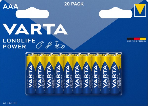 Varta Batterie Alkaline, Micro, AAA, LR03, 1.5V Longlife Power, Retail Blister (20-Pack)
